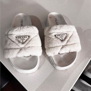 Prada White Fur Slides